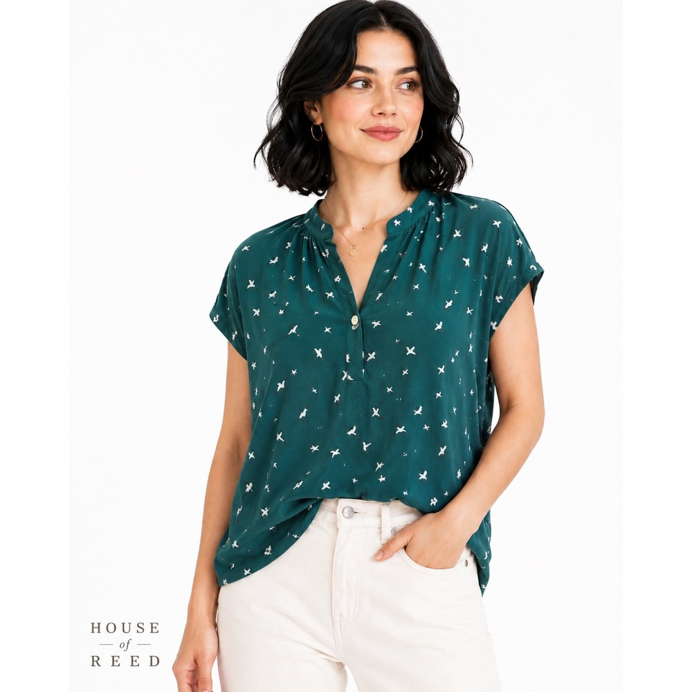 Amour Vert Silk Bird Print Blouse Teal Green Short Cap Sleeve Top Womens XS
